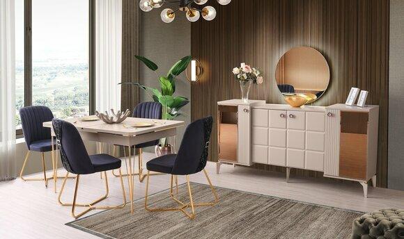 Esszimmer-Set 6tlg Beige Esstisch Stühle Sideboard mit Spiegel Modern Design