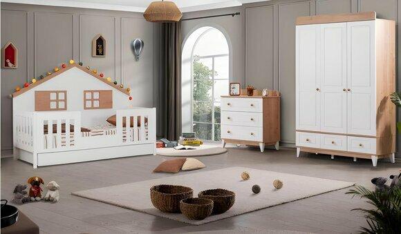 Modern Komplettes Weiß Kinderzimmer Set Designer Bett Schrank Kommode neu