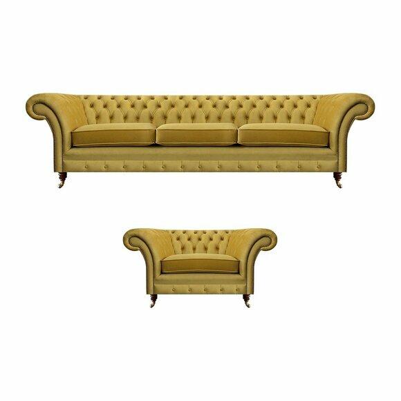 Chesterfield Luxus Set Polstermöbel Sofa Dreisitzer mit Sessel Wohnzimmer