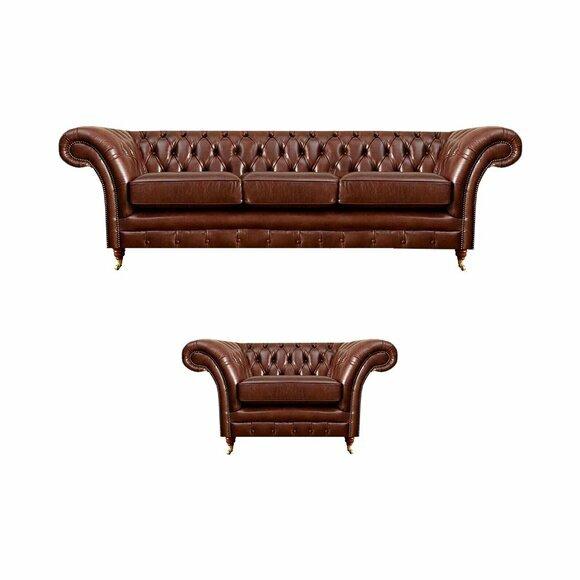 Braun Garnitur 2tlg Dreisitzer Sofa Leder Sessel Chesterfield Wohnzimmer