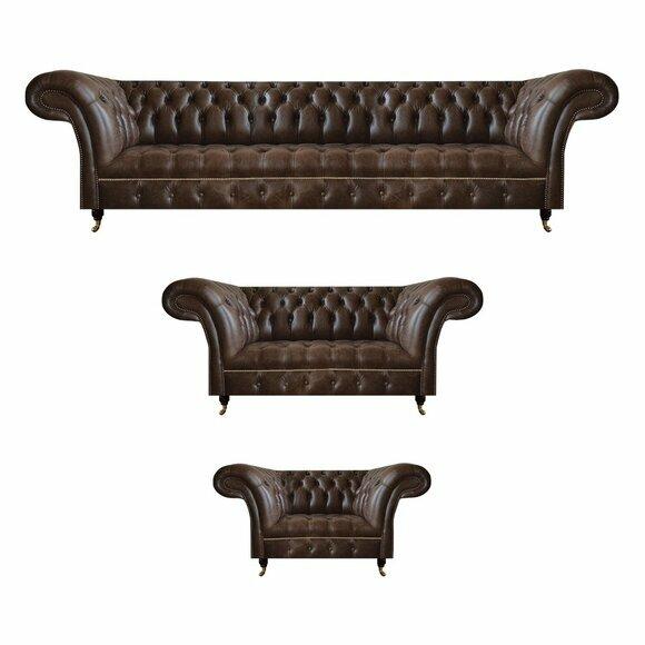 Braune Chesterfield Ledergarnitur Wohnzimmer 4-Sitzer Zweisitzer Sessel