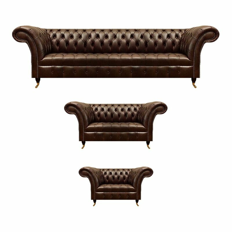 Braune Chesterfield Ledersofas Designer Ledersessel Dreisitzer 3tlg Set