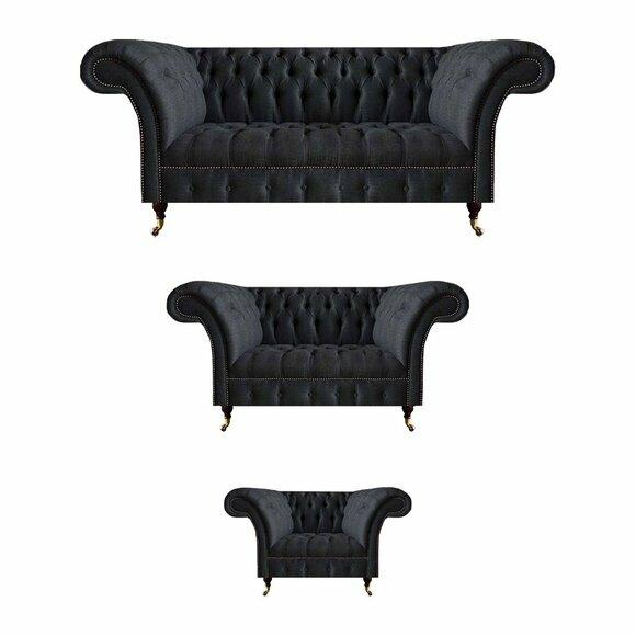 Chesterfield Textilgarnitur Schwarze Polstercouchen Wohnzimmer 3tlg Set