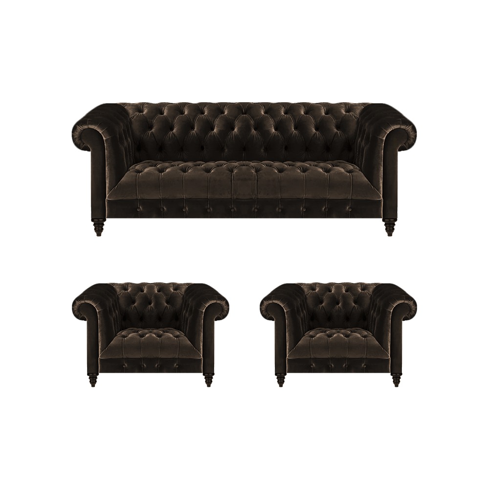 Braune Wohnzimmer Chesterfield Sitzmöbel 3-Sitzer Couch 2x Sessel 3tlg