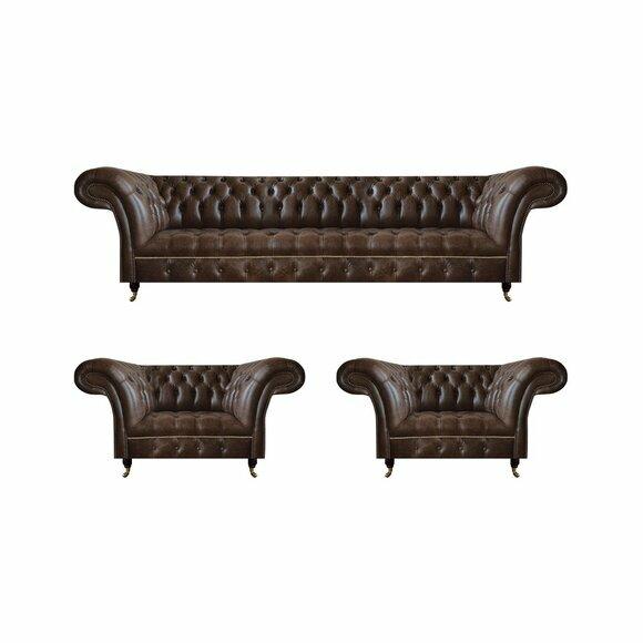 Wohnzimmer Braune Chesterfield Ledergarnitur Designer Sitzmöbel 3tlg Set