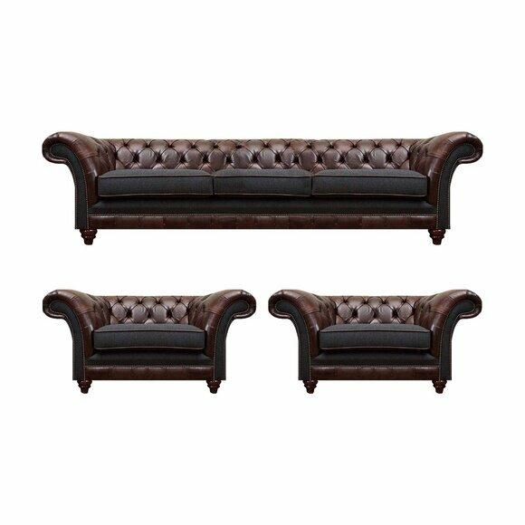 Braun-Graue Chesterfield Sitzgarnitur 2x Ledersessel Dreisitzer 3tlg Set