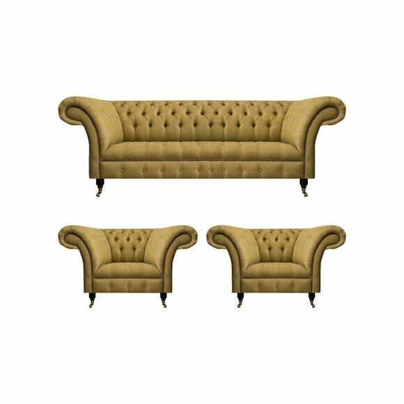 Luxus Gelbe Chesterfield Couch Designer Wohnzimmer 2x Polstersessel 3tlg