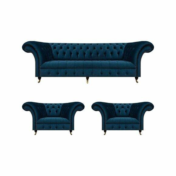 Blaue Chesterfield 2x Sessel Wohnzimmer Dreisitzer Polster Couch 3tlg