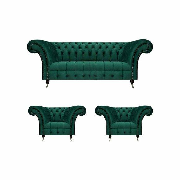 Grüne Chesterfield Polstergarnitur Designer 3-Sitzer 2x Lehnsessel 3tlg