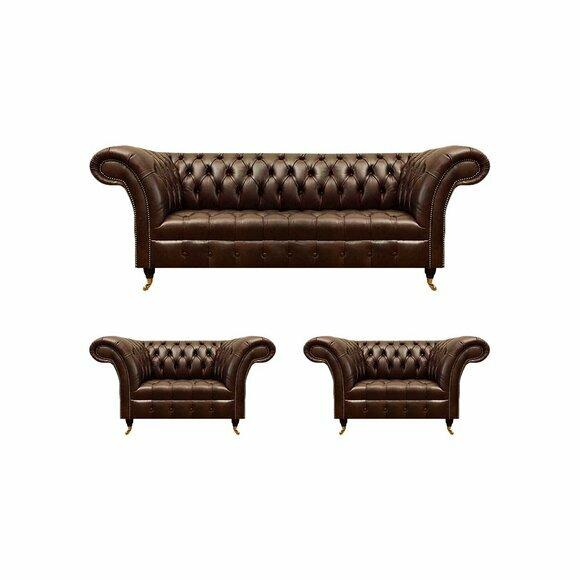 Chesterfield Braune Ledergarnitur Wohnzimmer 2x Sessel Edler 3-Sitzer