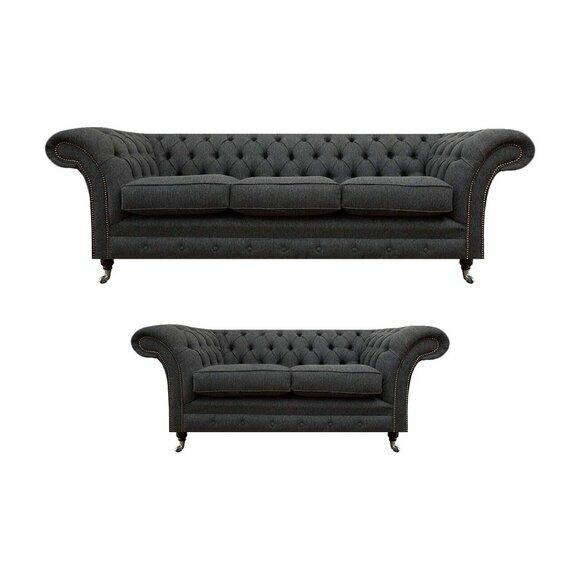 Schwarze Wohnzimmer Chesterfield Möbel Designer Polster Couchen 2tlg