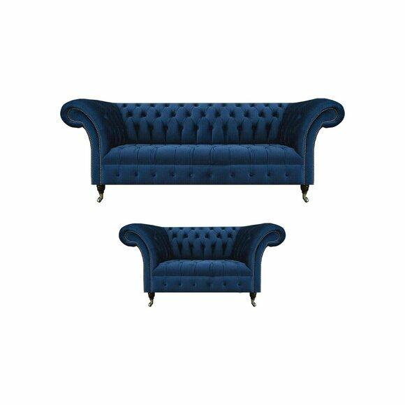 Edle Chesterfield Sofagarnitur Designer Blauer Dreisitzer Polster 2-er