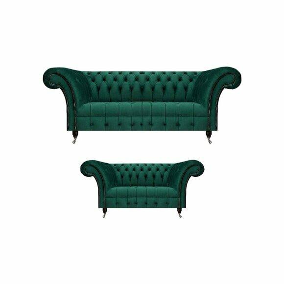 Dunkelgrüne Chesterfield Sofas Komplette Wohnzimmer Couch Garnitur 2tlg