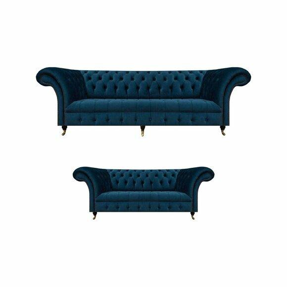 Chesterfield Polstermöbel Designer Blaue Wohnzimmer Couchen 2tlg Set