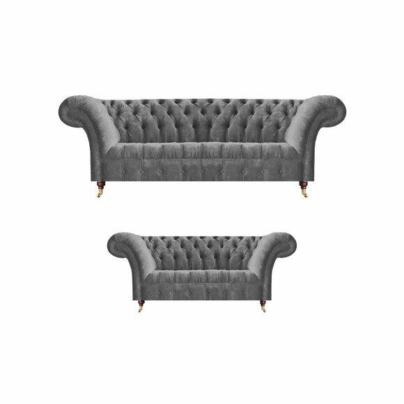 Wohnzimmer Graue Chesterfield Sofas Komplettes Set 3-Sitzer Zweisitzer