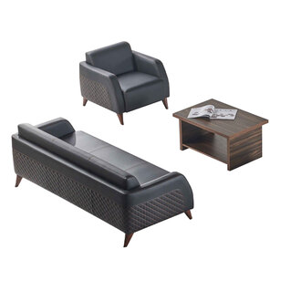 Sofas-Set Ledesofa Schwarz 3-Sitzer Sessel Braun Couchtisch Modern Leder