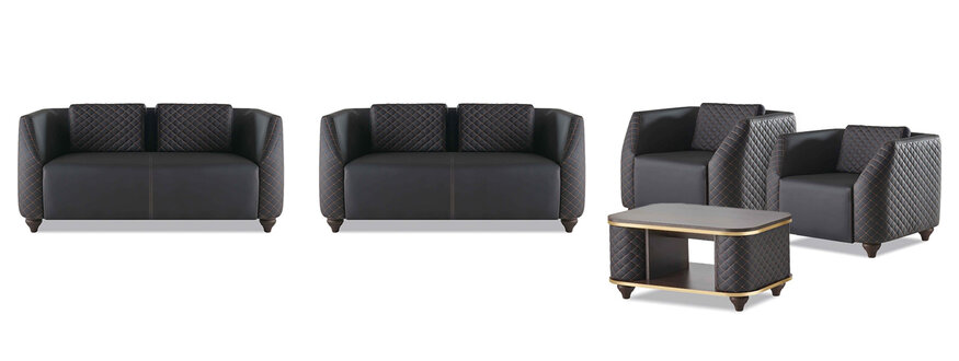 Sofa-Set 2-Sitzer Sessel Couchtisch Schwarz Braun Polster Leder Kissen