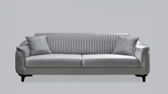 Graue Couch Wohnzimmer Dreisitzer Sitzpolster Sofa Möbel Samt Holz