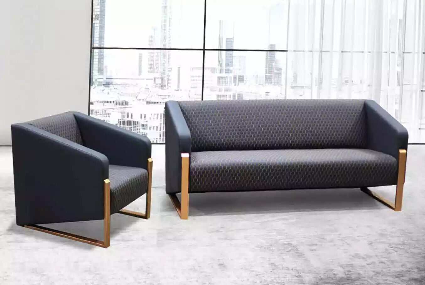 Schwarze Komplette Sofagarnitur Büromöbel Textil Sitzer Dreisitzer Sessel