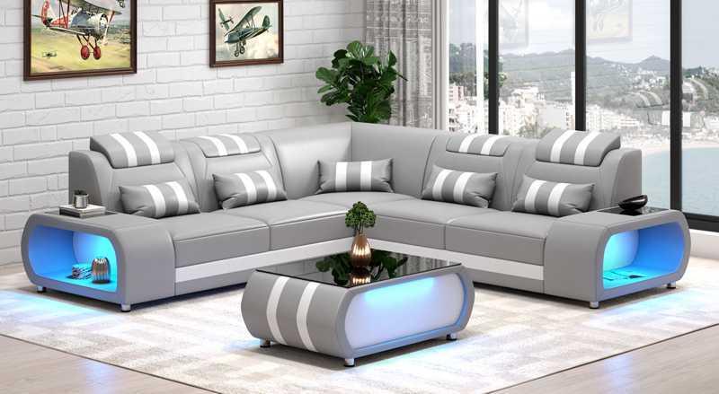 Ecksofa Ledersofa L Form Couch Sofa Grau Luxus Moderne Eckgarnitur LED