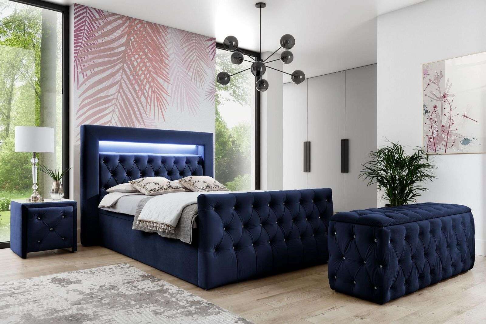 Dunkelblaue Chesterfield Schlafzimmer Möbel LED-Doppelbett Nachtkonsolen