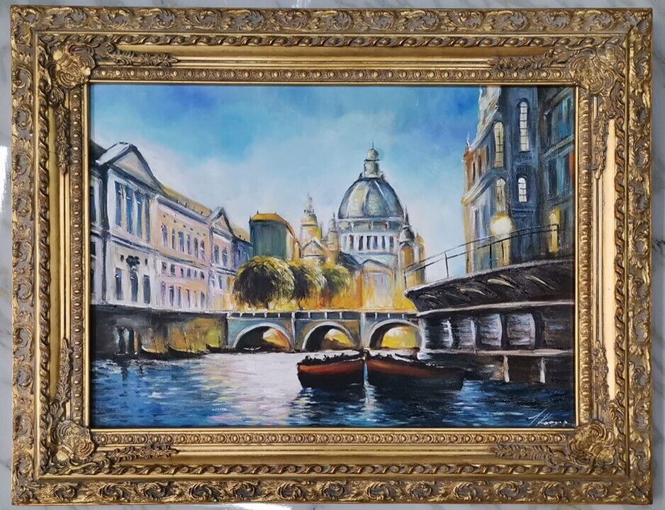 Ölbild Venedig Stadt Boote auf dem Fluss Brücke Abendlandschaft Leinwand SOFORT