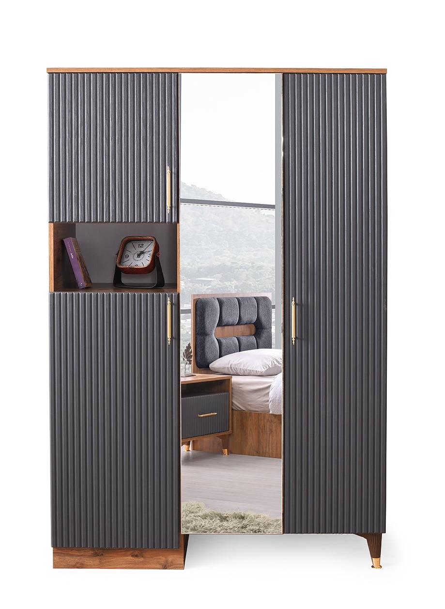 Kleiderschrank mit Spiegel Grau Einfarbig Holz Glas Jugendzimmer Modern Design