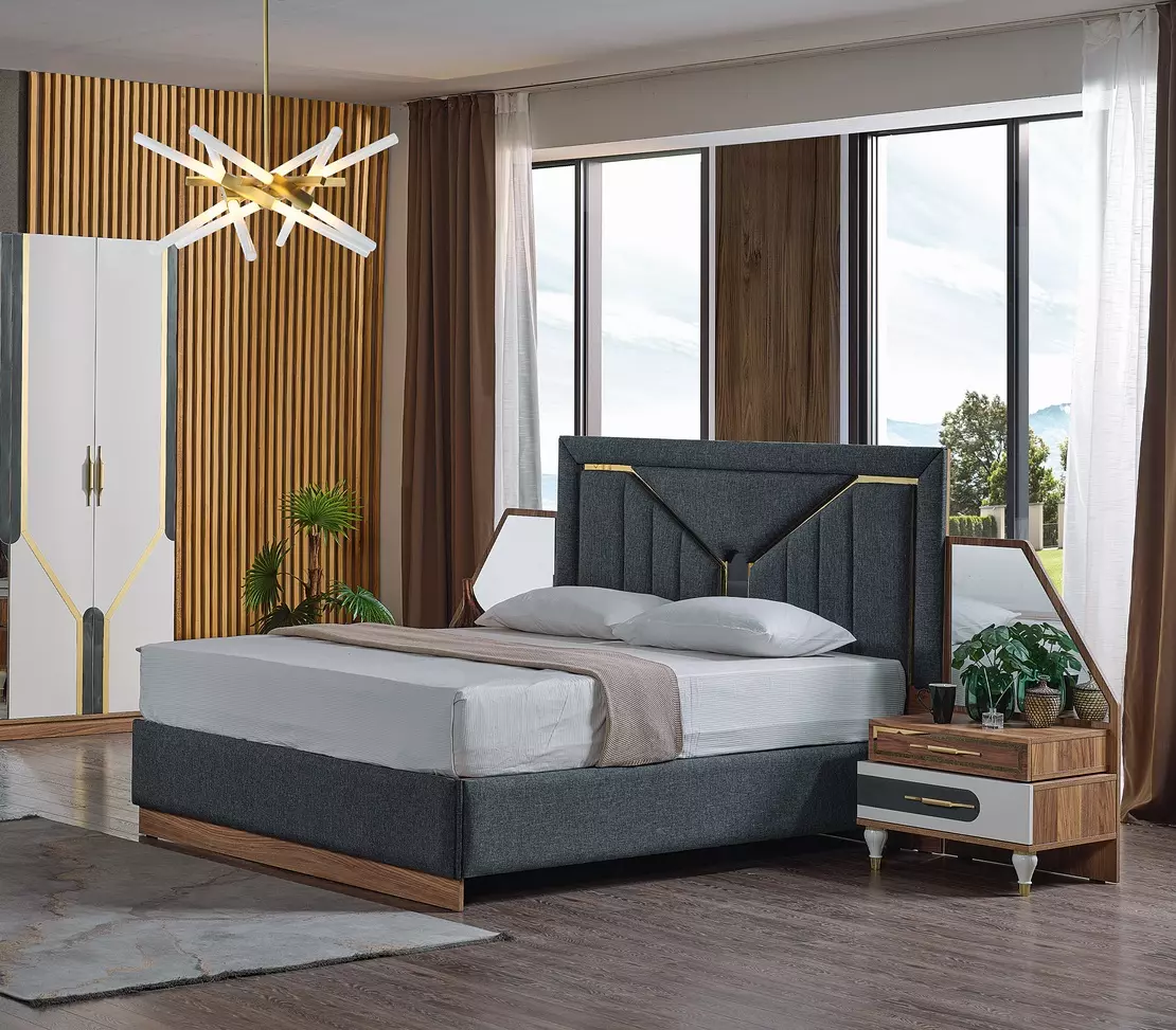 Luxus Schlafzimmer Set Bett + 2x Nachttische+Schrank Holz Komplettes