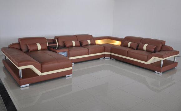 Wohnlandschaft U-Form Cream Braun Ecksofa Leder Sofa Couch Polster Eck Sitz Neu