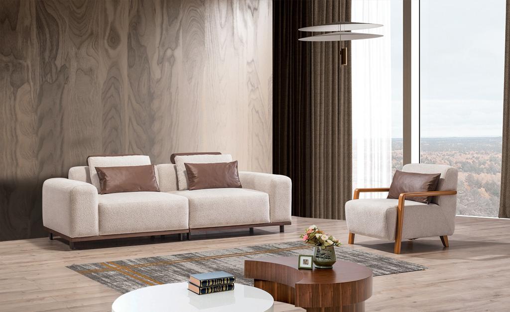 Beiges Wohnzimmer Sofaset Exklusiver 2-Sitzer Textilsessel Polster Möbel