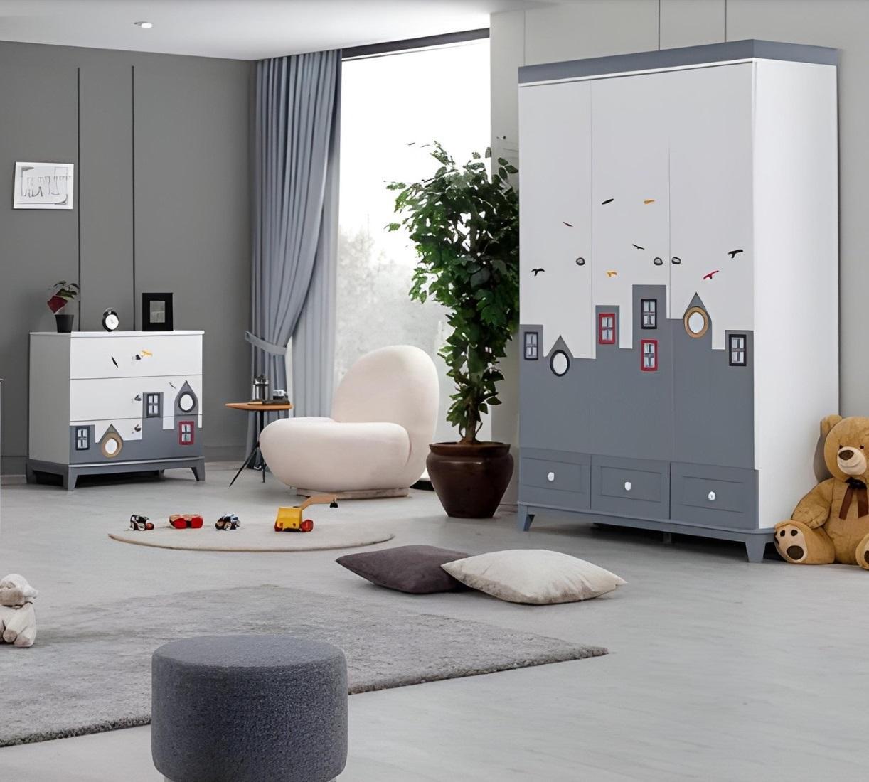 Komplett Mehrfarbig Kinderzimmer Set Kleiderschrank Kommode Helles 2tlg Neu