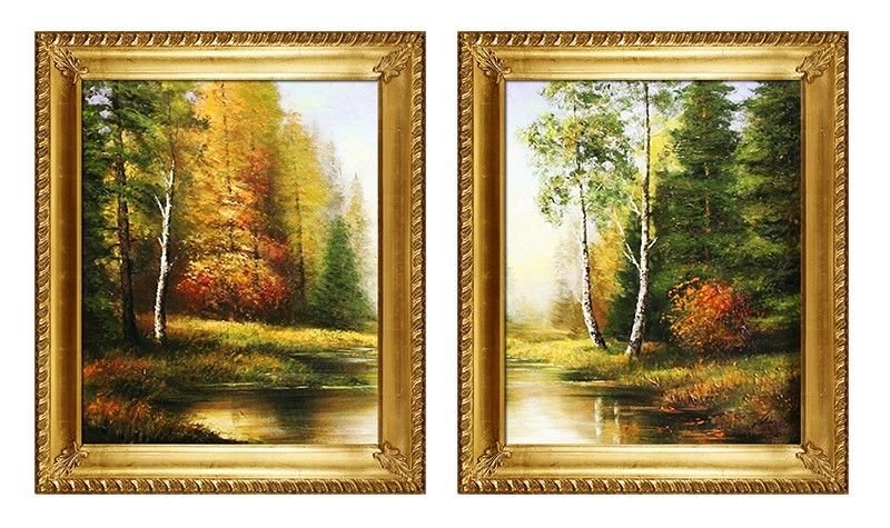 2x Gemälde Natur Wald Öl Handarbeit Ölbild Bild Ölbilder Rahmen Bilder